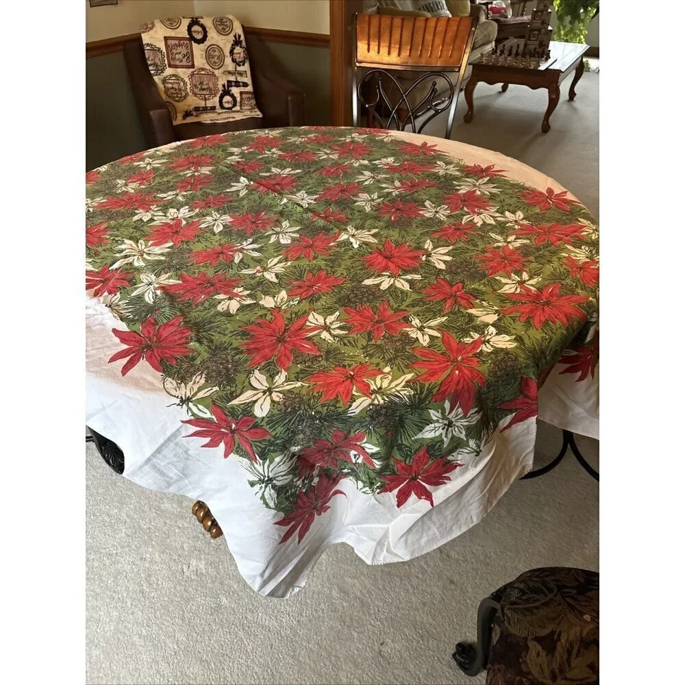 Vintage Poinsettia Cotton Tablecloth 62 X 49 Red Green & White Holiday Christmas